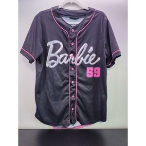 BARBIE Movie Baseball Jersey  Pink Black Womens Button Up Shirt Mattel Medium
